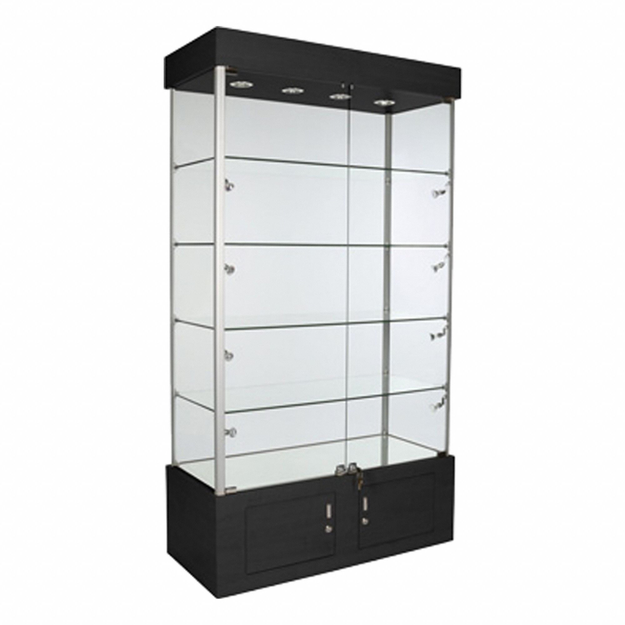 Display Case: Tower Display Case, Black, Aluminum, 40 in Overall Wd, 18 in Overall Dp, Glass, 2 Keys
