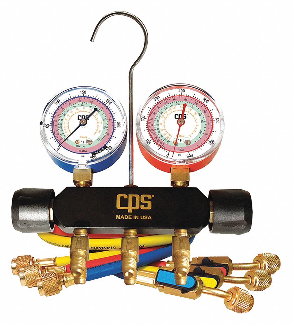 MANIFOLD GAUGE SET, ALUMINUM, ¼ IN, 3 HOSES, 2 VALVES, 0 TO 800/30 IN HG TO 500 PSI