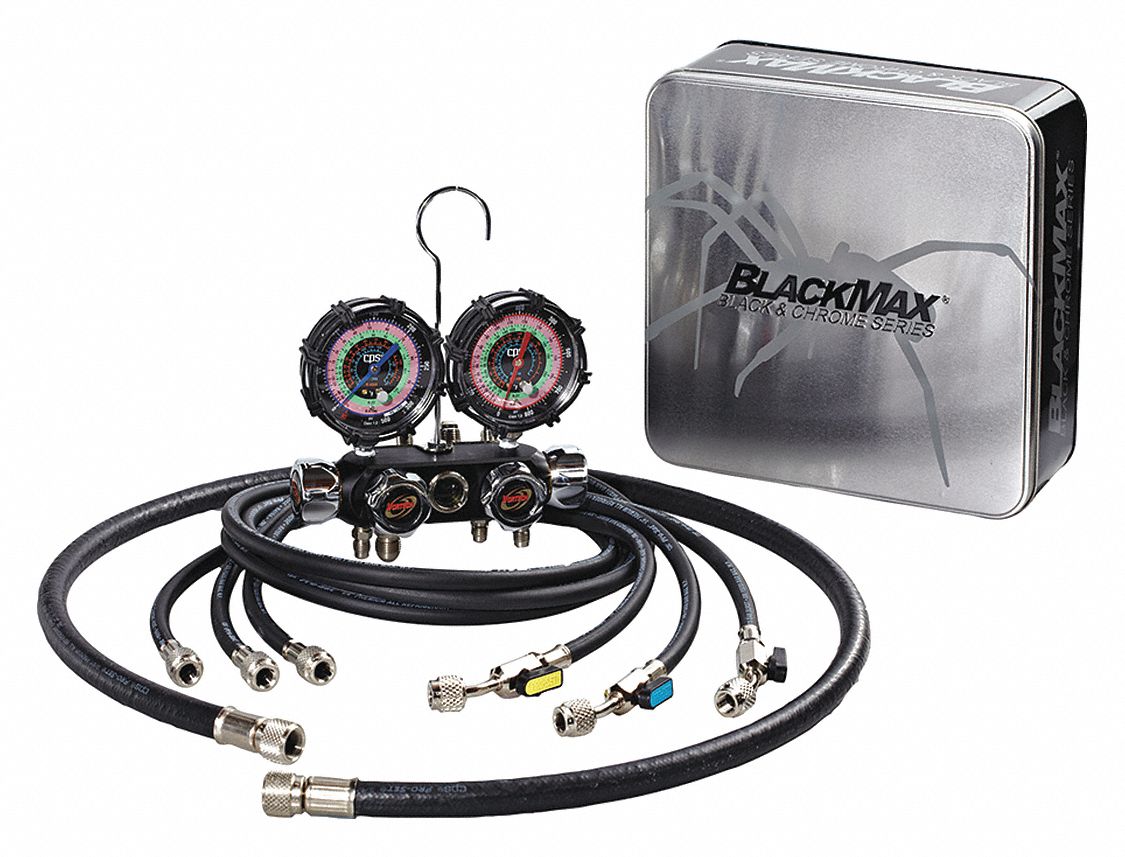 MANIFOLD GAUGE SET, AL, 60 IN L, 4 HOSES, 2 VALVES, 0 TO 800/30 IN HG TO 500 PSI