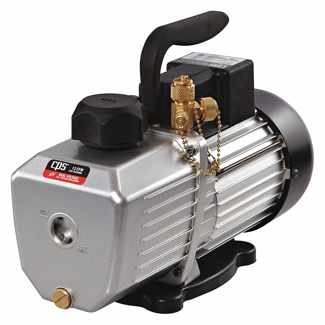 Vacuum Pump: 12 cfm Displacement, 1 hp HP, 1/4 in and 1/2 in Flare/3/8 in Inlet Port Size