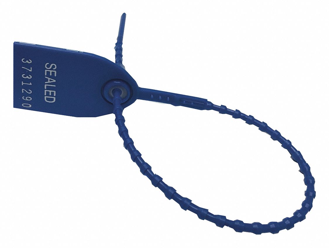 Pull-Tight Seals: 6 in Strap Lg, 40 lb Breaking Strength, Blue, White, Hot Stamped, 1, 000 PK