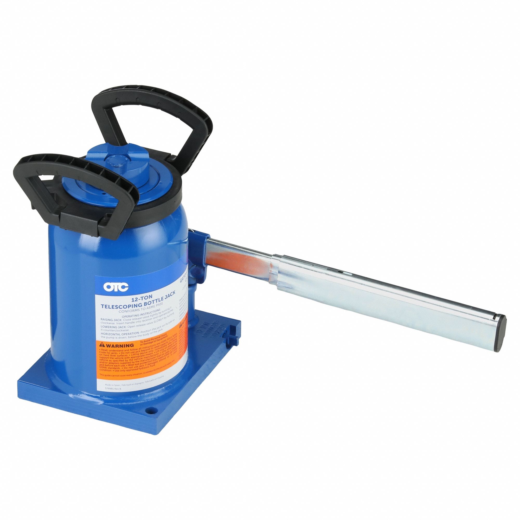 HIGH-CLEARANCE BOTTLE JACK, STEEL, MANUAL HANDLE, MECHANICAL, 12 TON LOAD CAPACITY