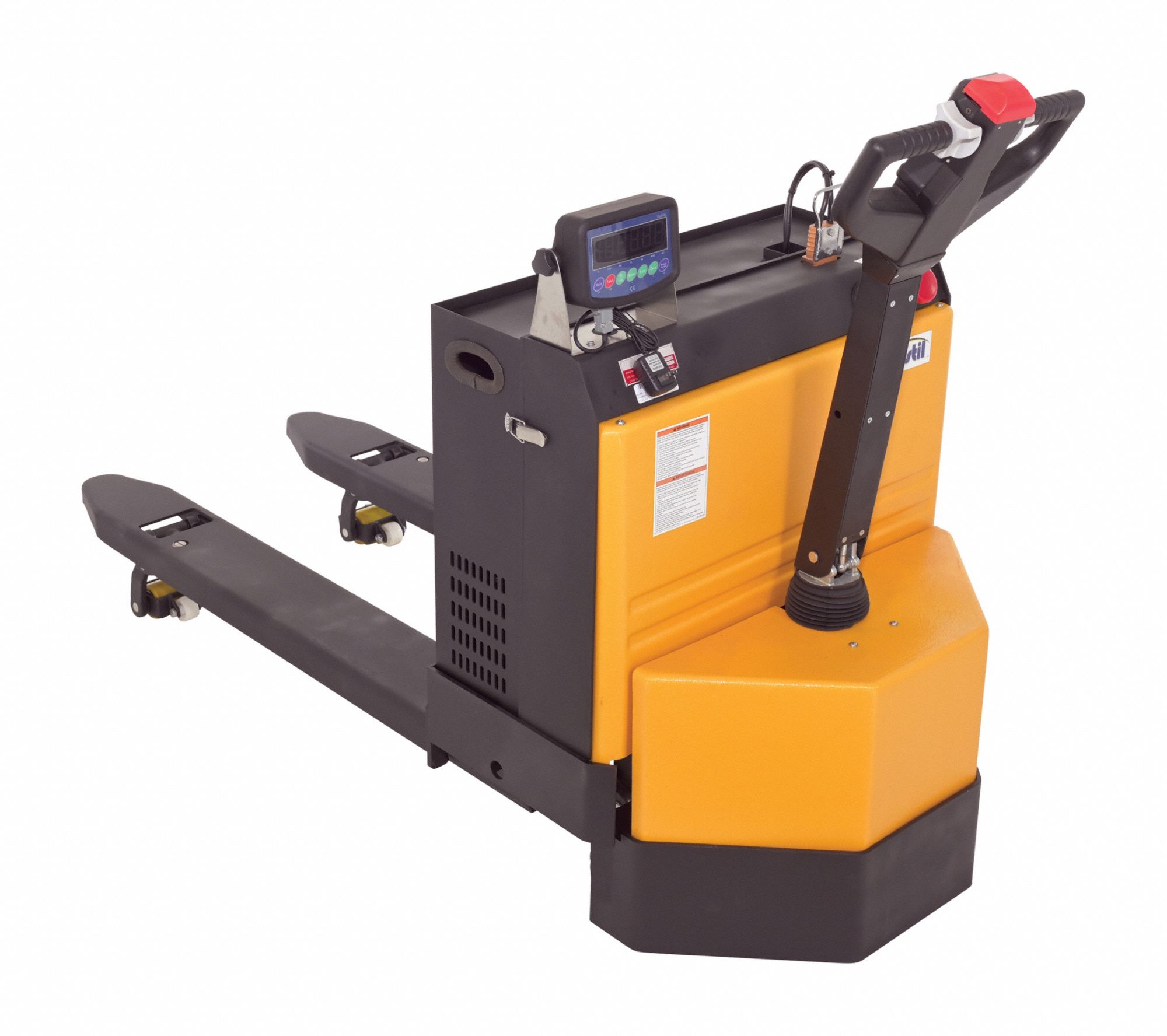 Electric Pallet Truck: 4, 500 lb, 48 in L x 27 in W Fork Dim, 27 in, Std Fork, Steel, 120V AC