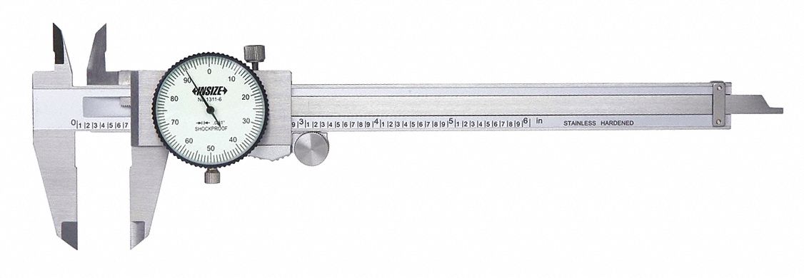 INCH DIAL CALIPER, 0 TO 6 IN RANGE, +/-015 IN ACCURACY, 01 IN DIAL GRADUATION, 4-WAY