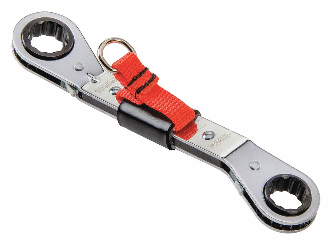 BOX END WRENCH, CHROME, 16 MM/18 MM HEAD SIZE, 8 IN OVERALL L, OFFSET, 25 °  HEAD OFFSET ANGLE