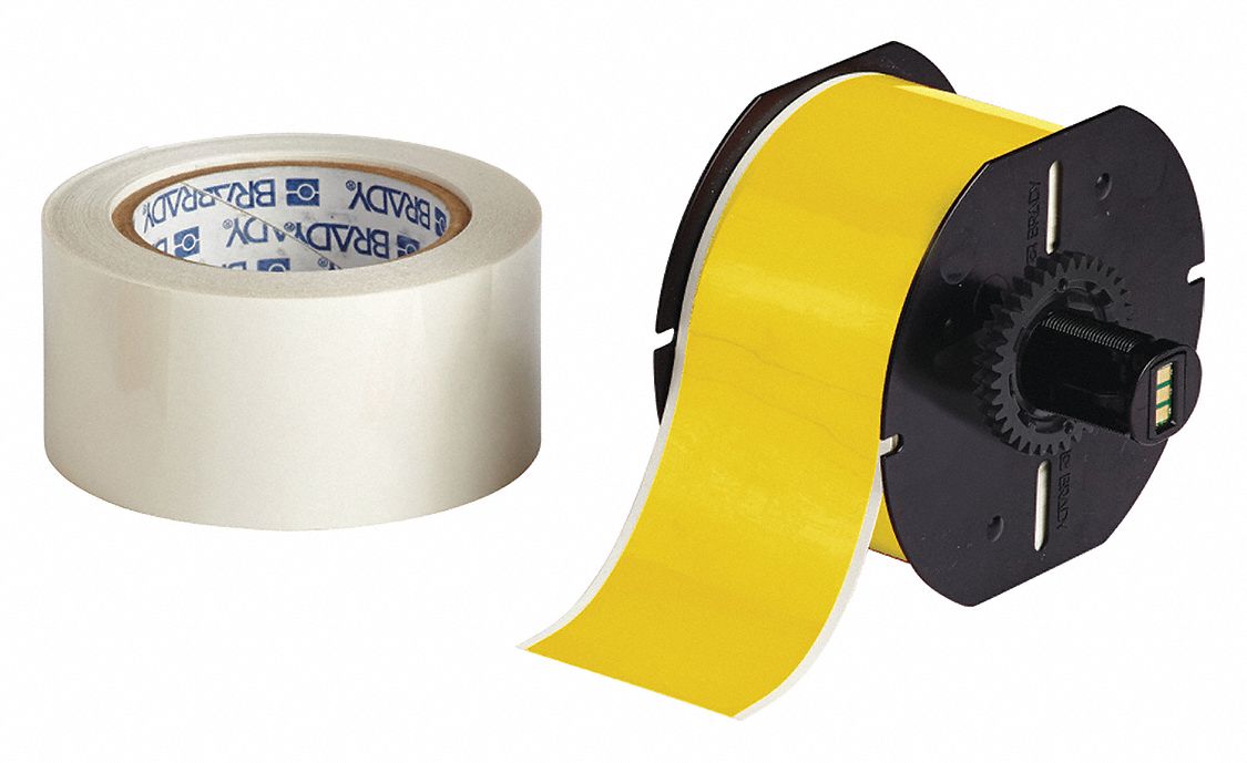 Continuous Label Stock: 2 1/4 in x 100 ft, Polyester With  Rubber  Adhesive, Yellow (Gloss)