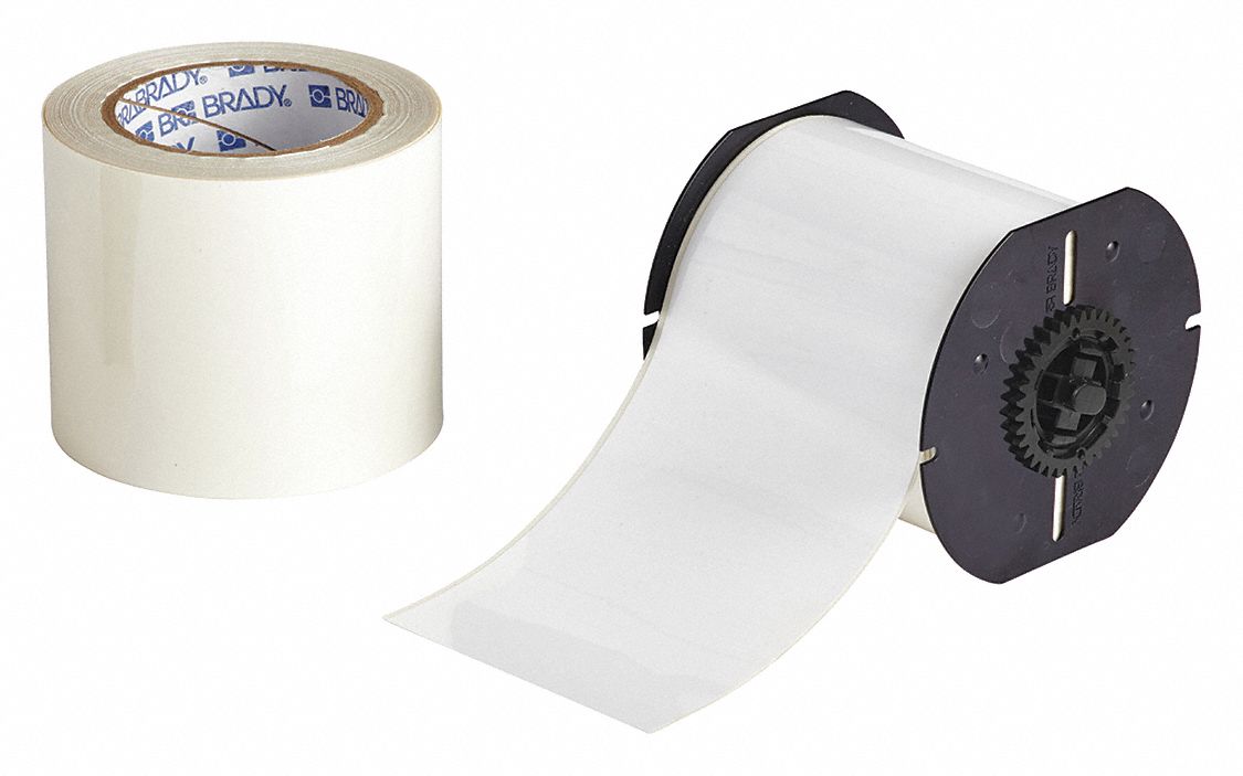 Continuous Label Stock: 4 in x 100 ft, Polyester With  Rubber  Adhesive, White (Gloss)