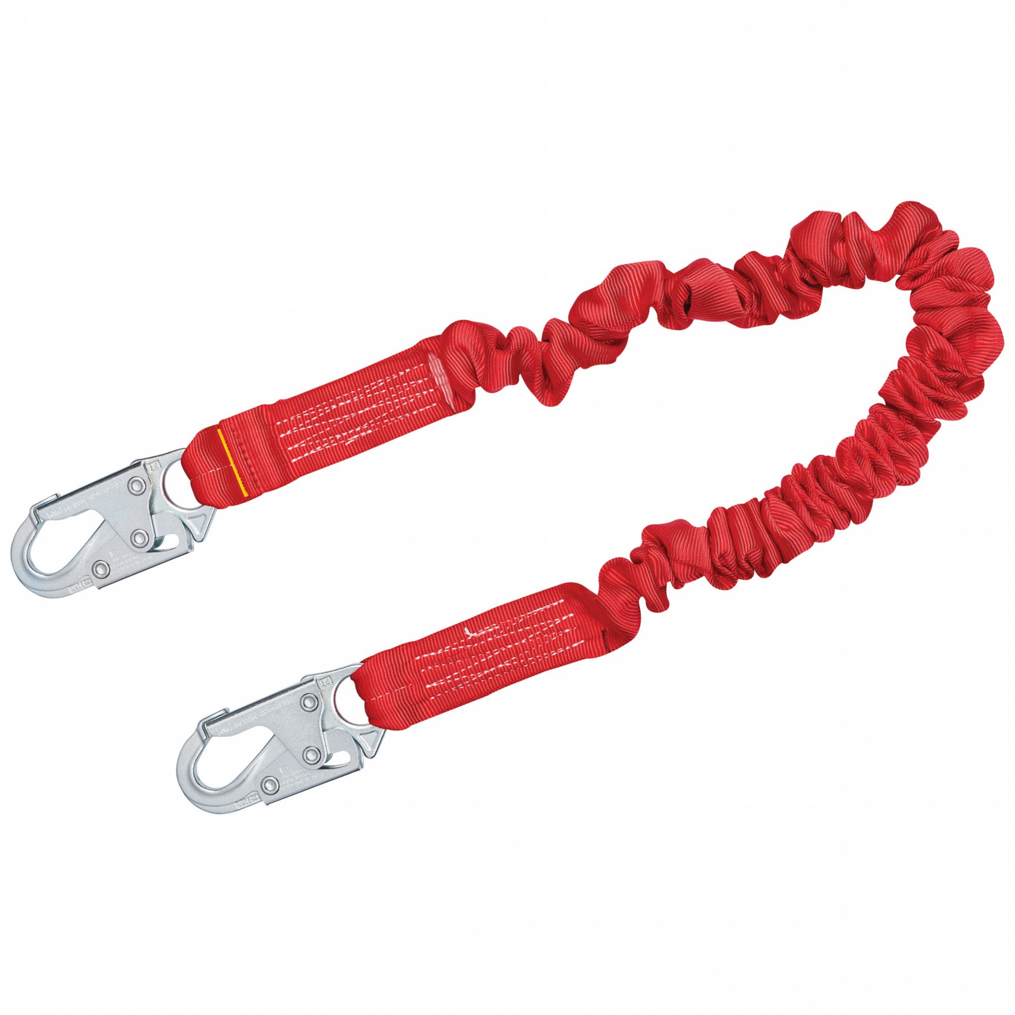 Shock-Absorbing Lanyard: Tubular Webbing, Steel Snap Hook, Steel Snap Hook, 1 Legs, Red
