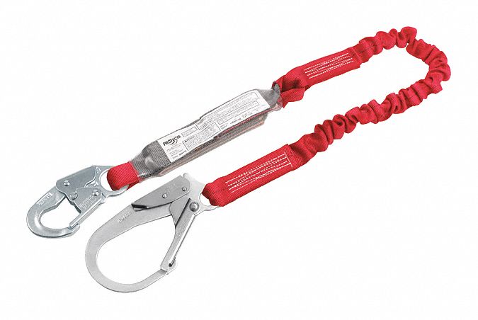 SHOCK-ABSORBING LANYARD, RED, 6 FT, 310 LBS, SNAP HOOK, STEEL