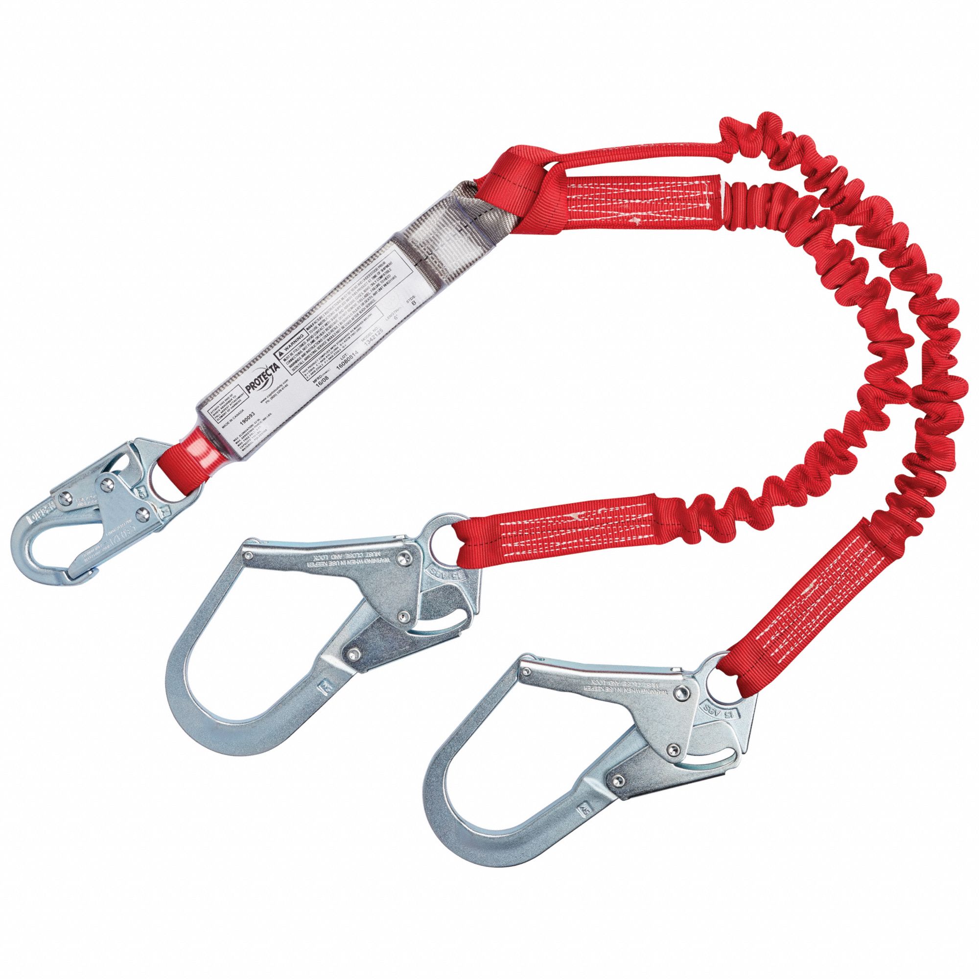 Shock-Absorbing Lanyard: Shock Pack, Steel Rebar Hook, Steel Snap Hook, 310 lb Capacity