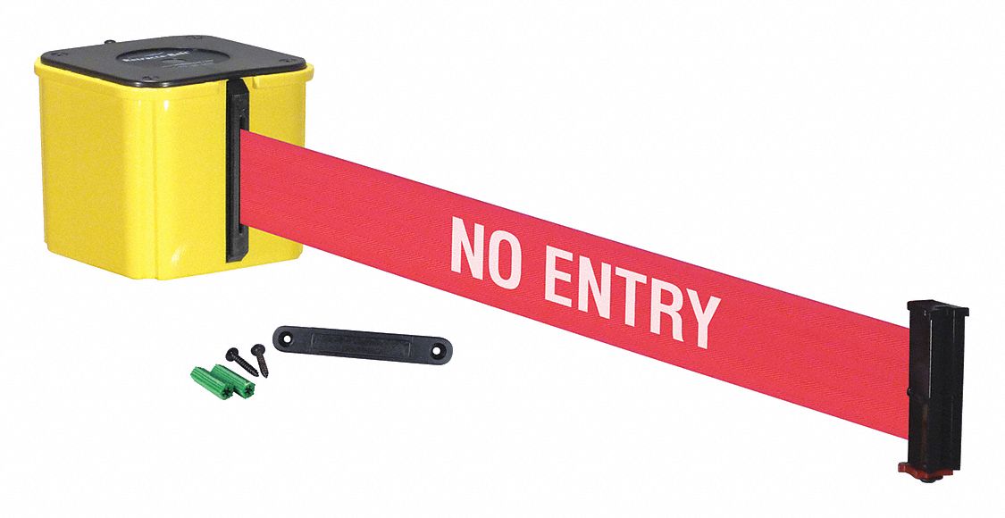 Wall Mounted Retractable Belt Barrier: Removable Mounting Plate, 20 ft Belt Lg, Red