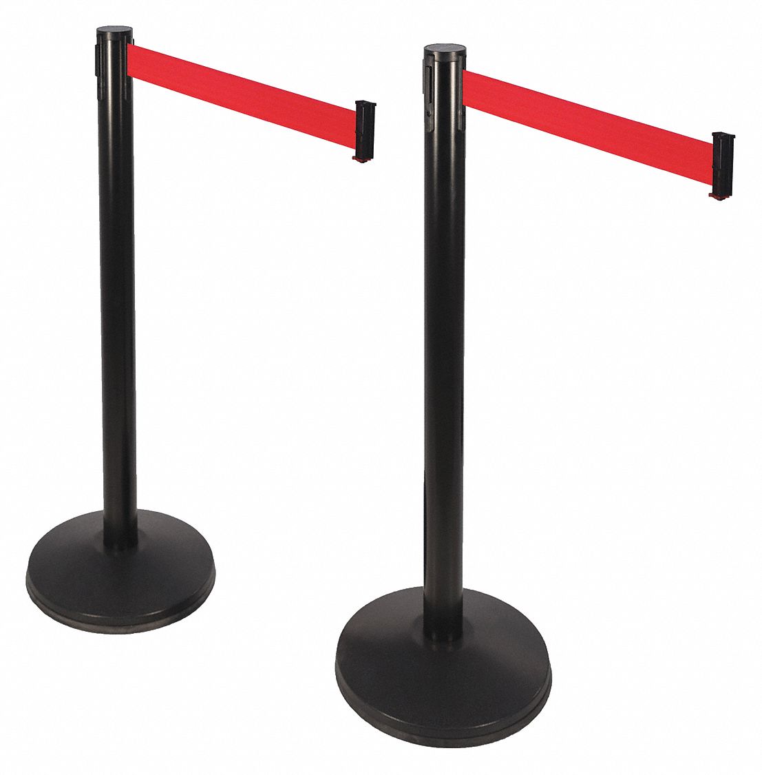 Barrier Post with Belt: Stainless Steel, Black, 40 in Post Ht, Sloped, Red, 2 PK