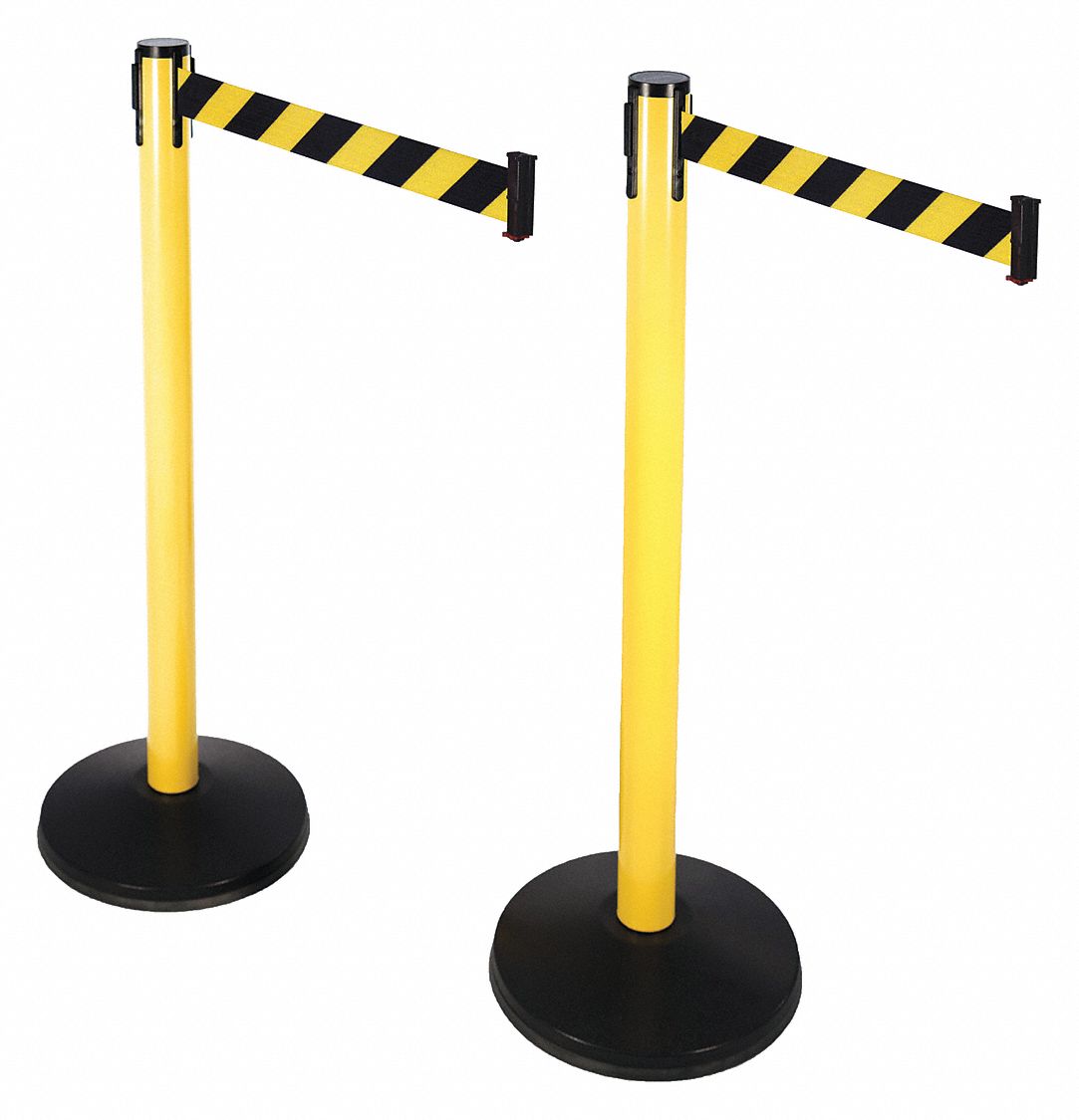 Barrier Post with Belt: Aluminum, Yellow, 40 in Post Ht, Sloped, 1 Belts, 2 PK
