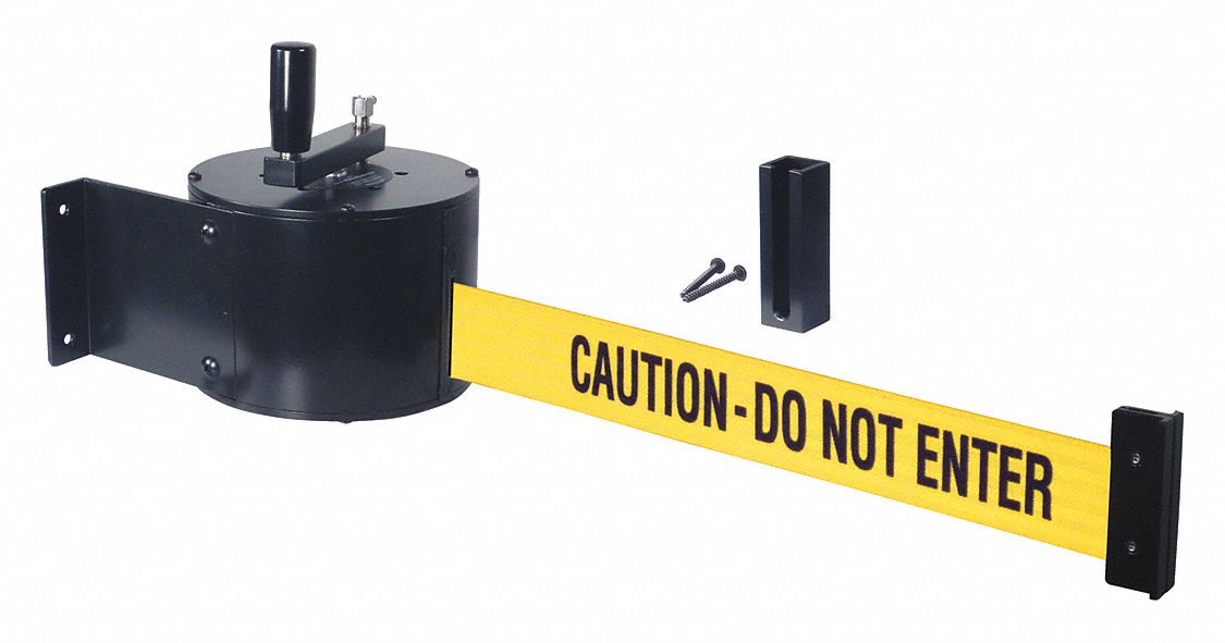 Wall Mounted Retractable Belt Barrier: Screws, 50 ft Belt Lg, Caution Messaging