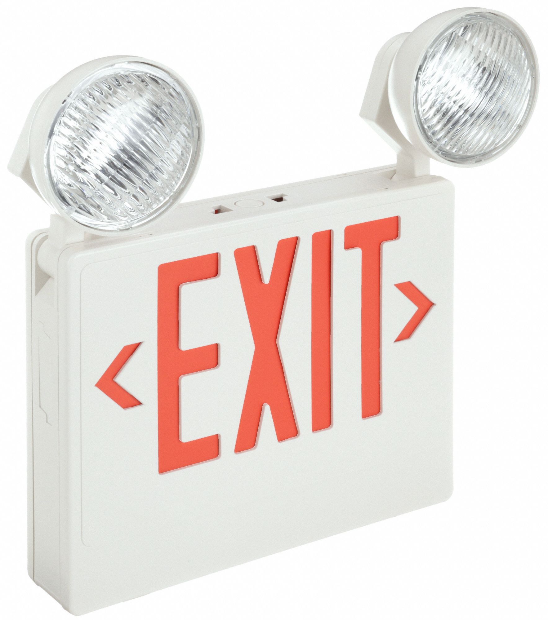 Exit Sign with Emergency Lights: White, 1 or 2 Faces, Red, LED, Ceiling/Wall, Sealed Lead Acid