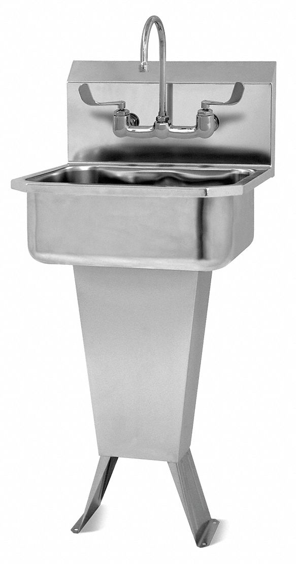 Hand Sink: 41 1/2 in Overall Ht, 17 in Bowl Lg, 7 in Bowl Dp, 2 gpm Flow Rate, 18 ga