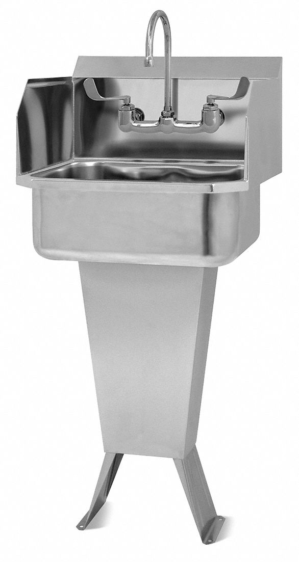 Hand Sink: 41 1/2 in Overall Ht, 17 in Bowl Lg, 7 in Bowl Dp, 2 gpm Flow Rate, 18 ga