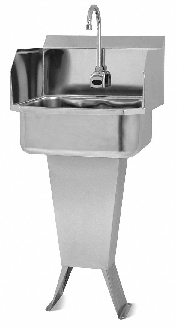 Hand Sink: 41 1/2 in Overall Ht, 17 in Bowl Lg, 7 in Bowl Dp, 2 gpm Flow Rate, Sensor