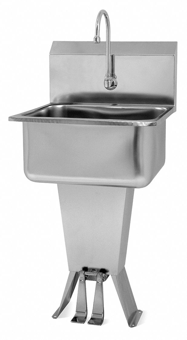 Hand Sink: 41 1/2 in Overall Ht, 19 in Bowl Lg, 10 in Bowl Dp, 2 gpm Flow Rate, 18 ga