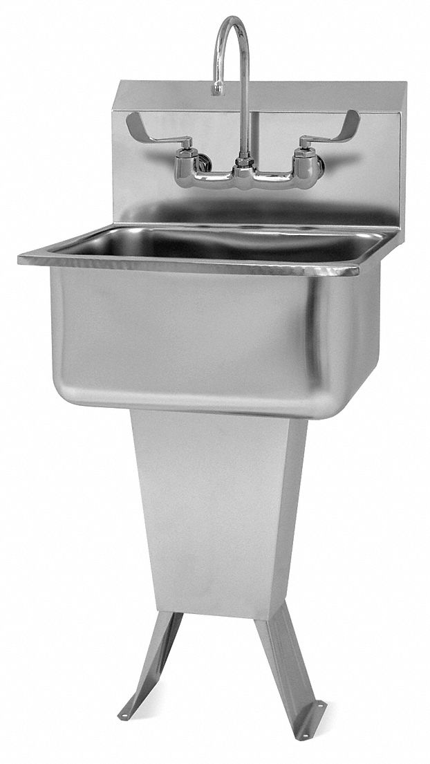 Hand Sink: 41 1/2 in Overall Ht, 19 in Bowl Lg, 10 in Bowl Dp, 2 gpm Flow Rate, 18 ga