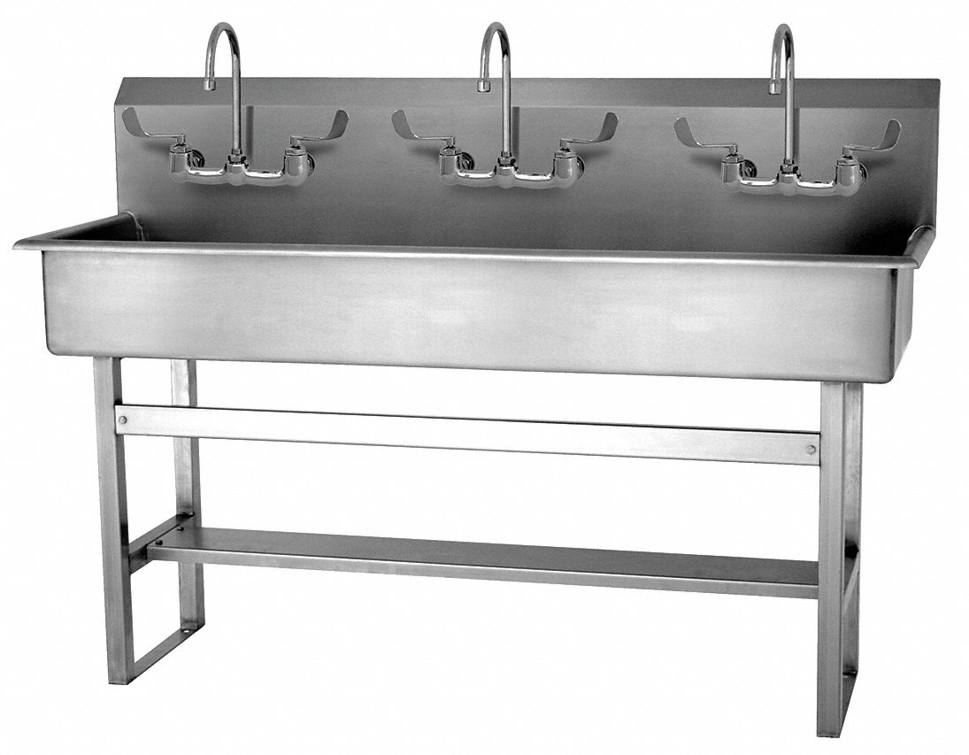 Wash Station: 45 in Overall Ht, 57 in Bowl Lg, 8 in Bowl Dp, 2 gpm Flow Rate, 16 ga