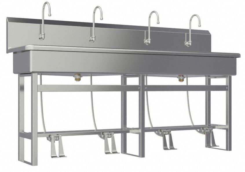 Wash Station: 45 in Overall Ht, 77 in Bowl Lg, 8 in Bowl Dp, 2 gpm Flow Rate, 16 ga