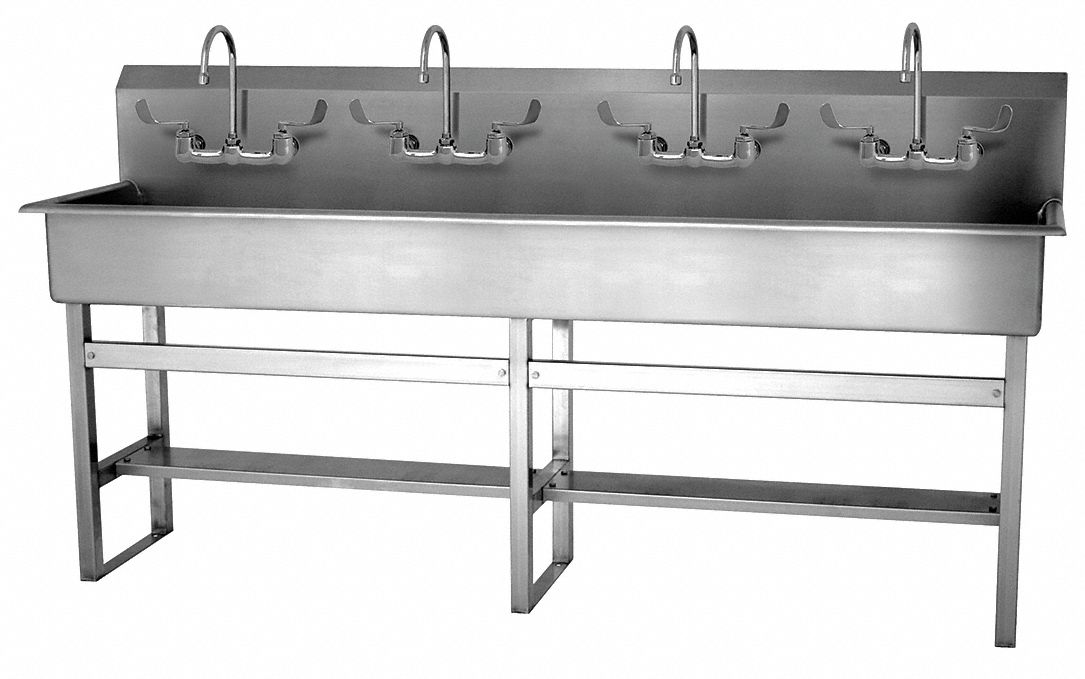 Wash Station: 45 in Overall Ht, 77 in Bowl Lg, 8 in Bowl Dp, 2 gpm Flow Rate, 16 ga