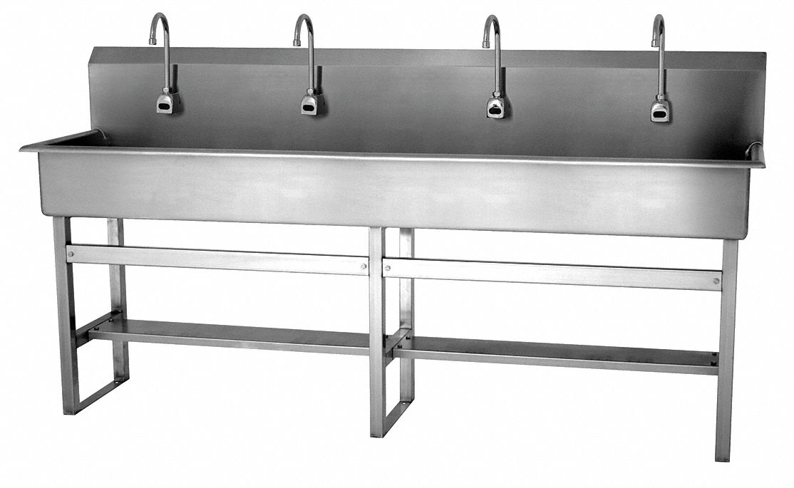 Wash Station: 45 in Overall Ht, 77 in Bowl Lg, 8 in Bowl Dp, 2 gpm Flow Rate, Sensor, 16 ga