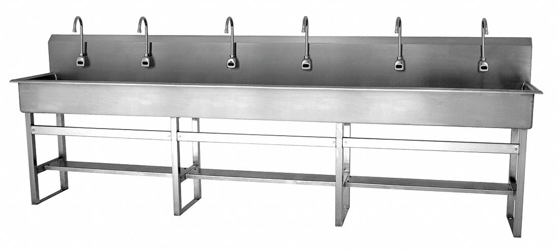 Wash Station: 45 in Overall Ht, 117 in Bowl Lg, 8 in Bowl Dp, 2 gpm Flow Rate, Sensor