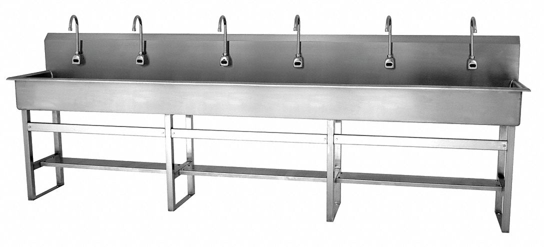 Wash Station: 45 in Overall Ht, 117 in Bowl Lg, 8 in Bowl Dp, 2 gpm Flow Rate, Sensor