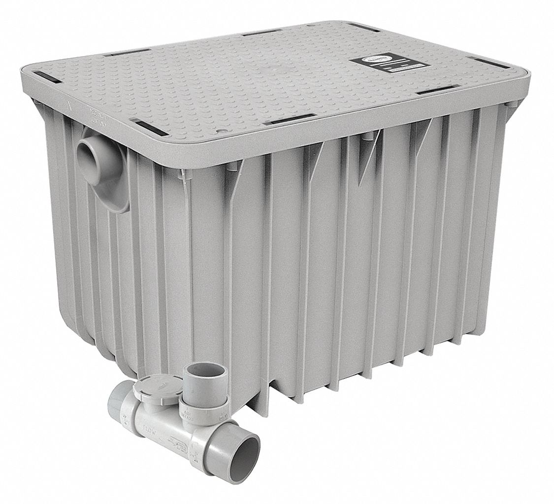 Grease Interceptor: 30 lb Capacity, 15 gpm Flow Rate, 23 5/8 in Overall Wd, No Hub, No Hub