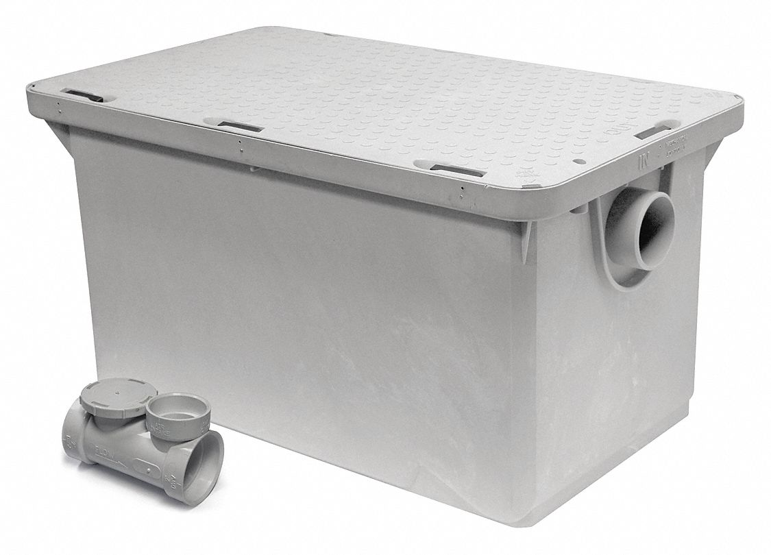 Grease Interceptor: 50 lb Capacity, 25 gpm Flow Rate, 19 in Overall Wd, 31 1/4 in Overall Lg