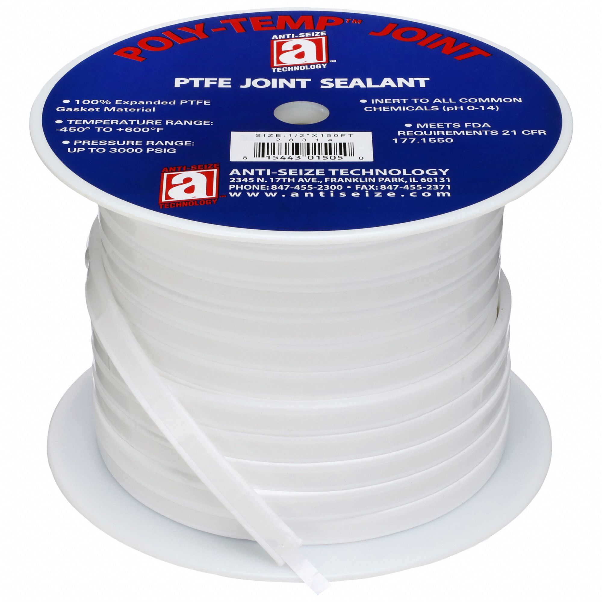 JOINT SEALANT RIBBON, 1/2 IN X 150 FT,-450 ° F TO 600 ° F, WHITE