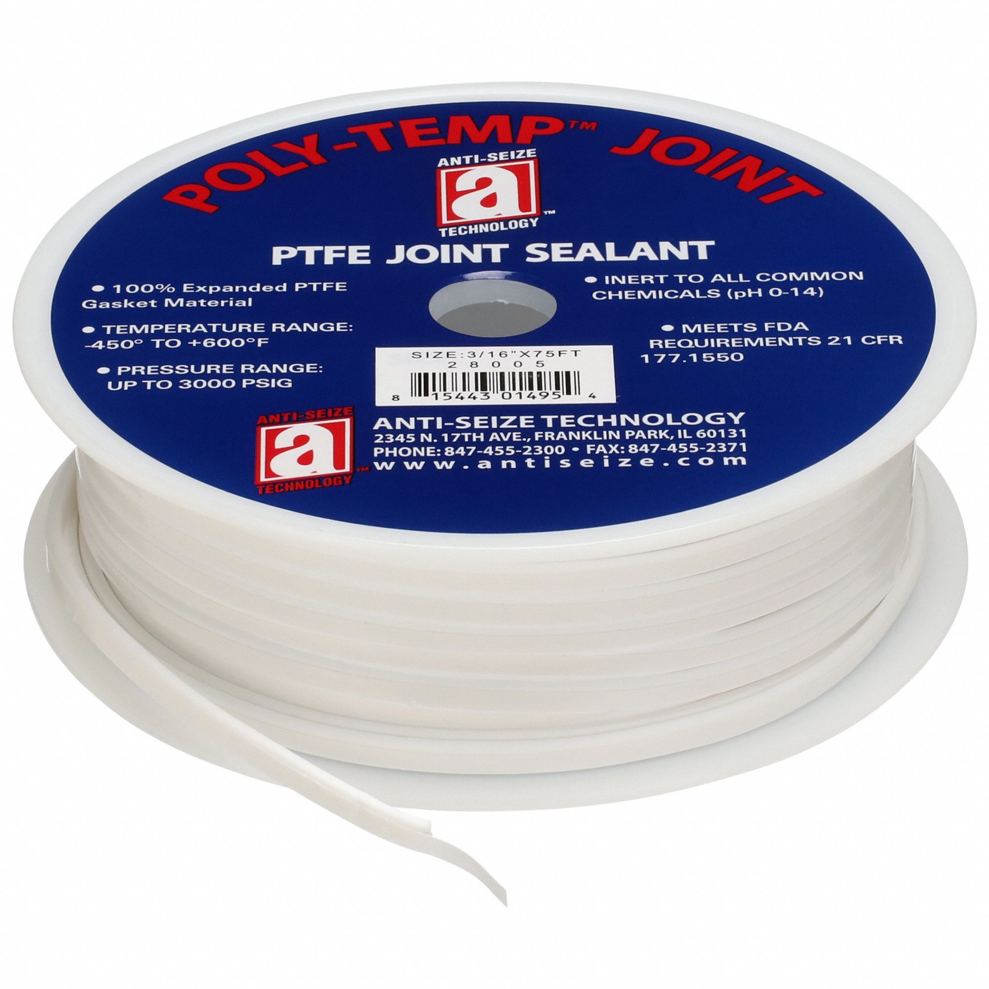 JOINT SEALANT RIBBON, 3/16 IN X 75 FT,-450 ° F TO 600 ° F, WHITE