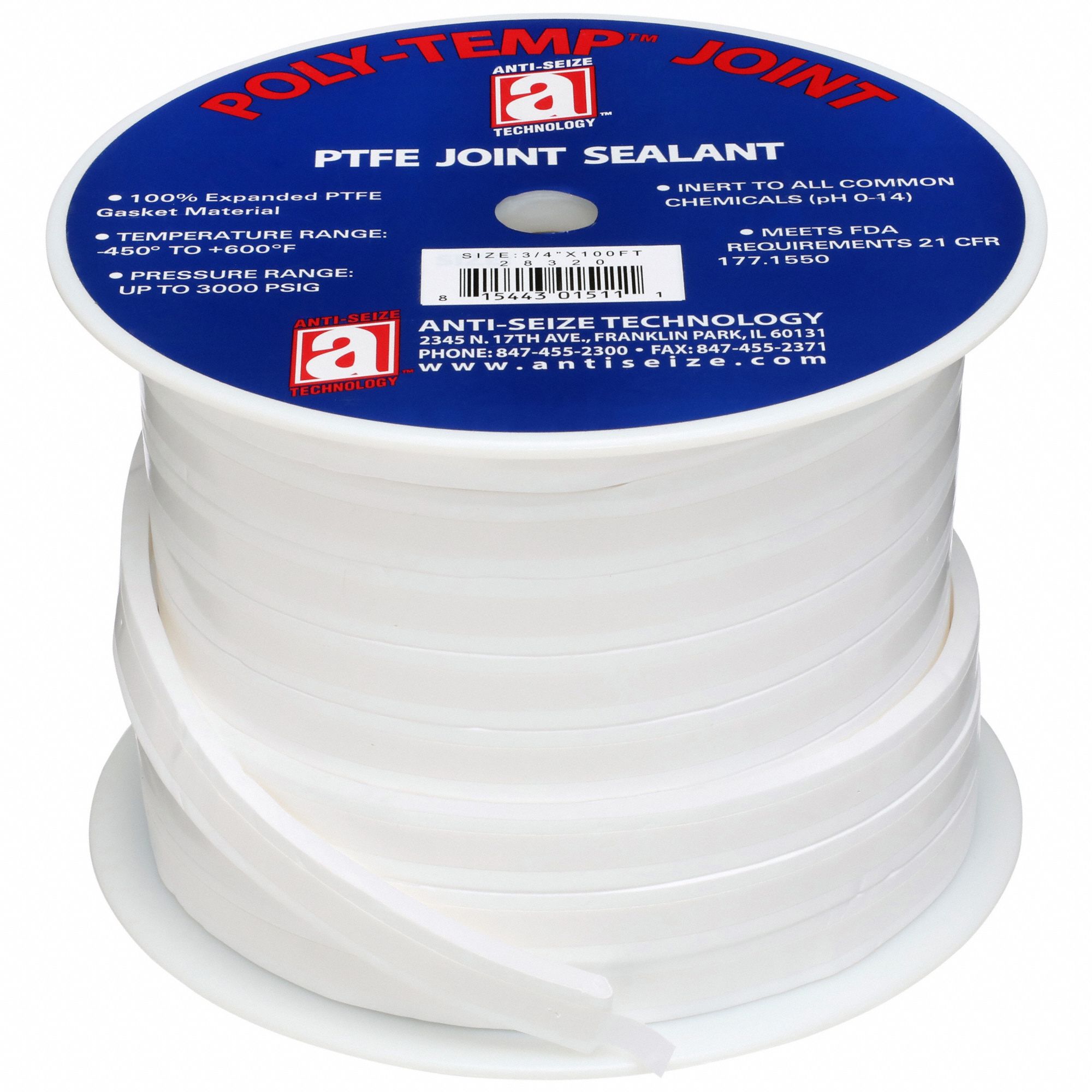 JOINT SEALANT RIBBON, 3/4 IN X 100 FT,-450 ° F TO 600 ° F, WHITE