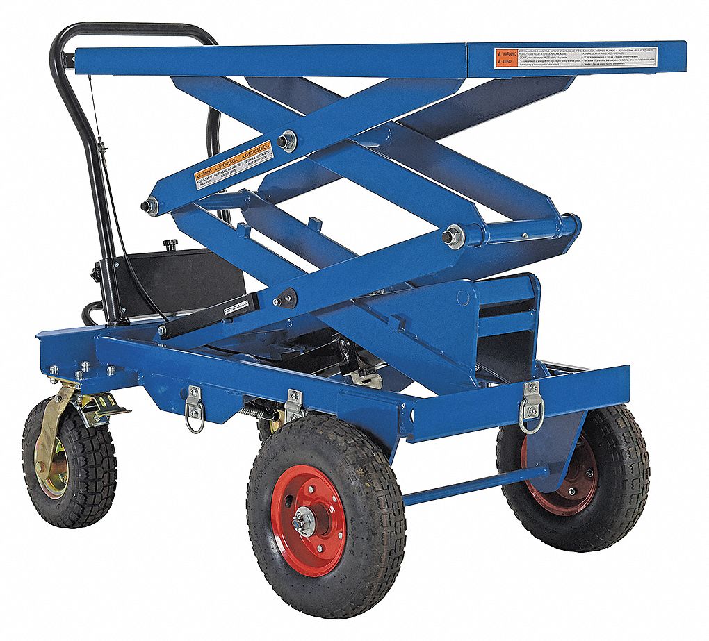 PNEUMATIC TIRE ELEVATING CART, 28 IN W X 38 1/4 IN H, FRONT: 13 IN, REAR: 10 IN CASTER WHEEL DIAMETER