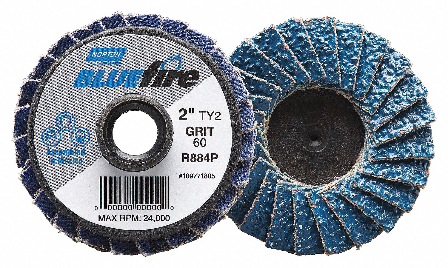 Flap Disc: Type 27, TS, 2 in Dia, Zirconia Alumina, P120 Grit, Medium, BlueFire R884P