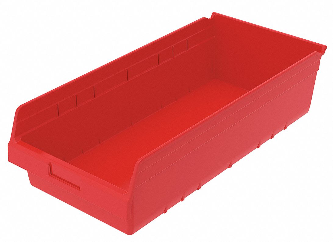 Shelf Bin: 23 5/8 in Overall Lg, 11 1/8 in x 6 in, Red, Nesting Capable, Not Hangable
