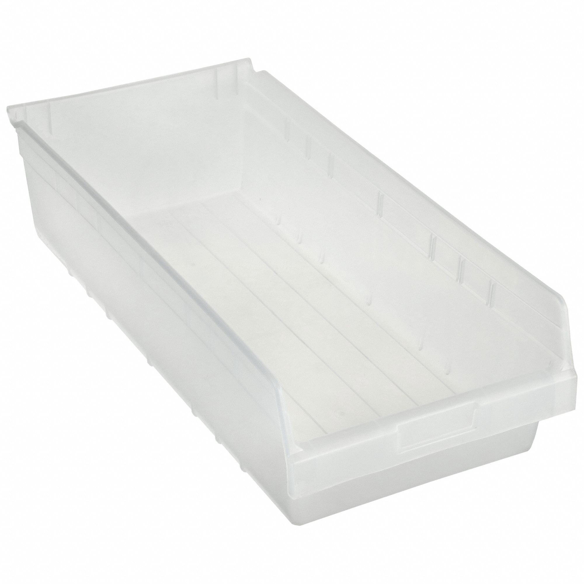 Shelf Bin: 23 5/8 in Overall Lg, 11 1/8 in x 6 in, Clear, Nesting Capable, Not Hangable