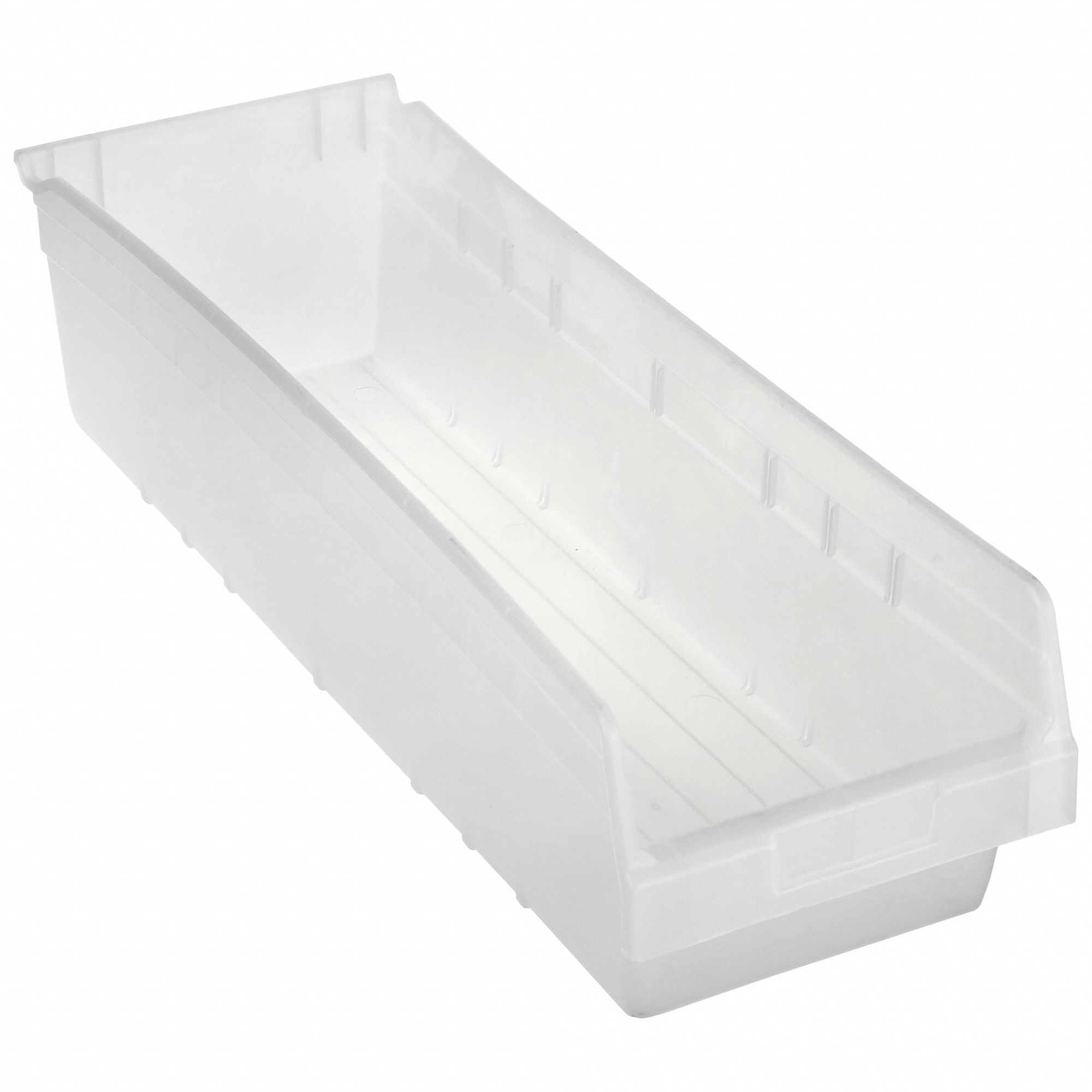 Shelf Bin: 23 5/8 in Overall Lg, 8 3/8 in x 6 in, Clear, Nesting Capable, Not Hangable
