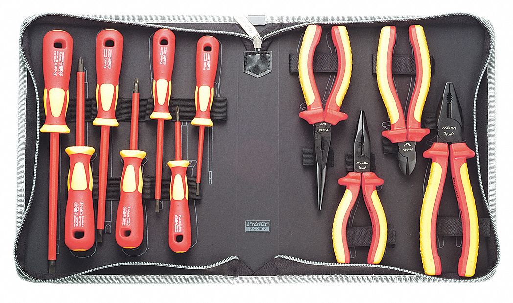 INSULATED TOOL KIT, INSULATED, 11 TOTAL PIECES, DRIVERS AND BITS/PLIERS, TOOL CASE