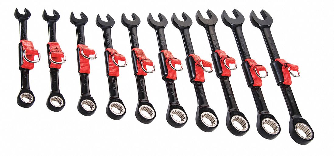 Combination Wrench Set: Alloy Steel, Black Chrome, 10 Tools, Std, Tool Roll, Spline Box End