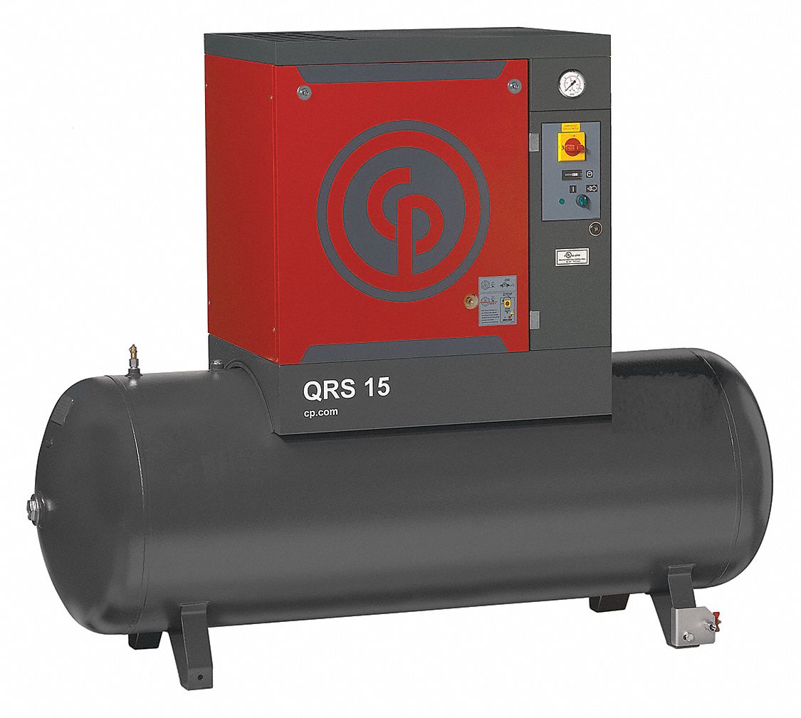Rotary Screw Air Compressor: Horizontal, 15 hp, 49.2 cfm, 132 gal Tank