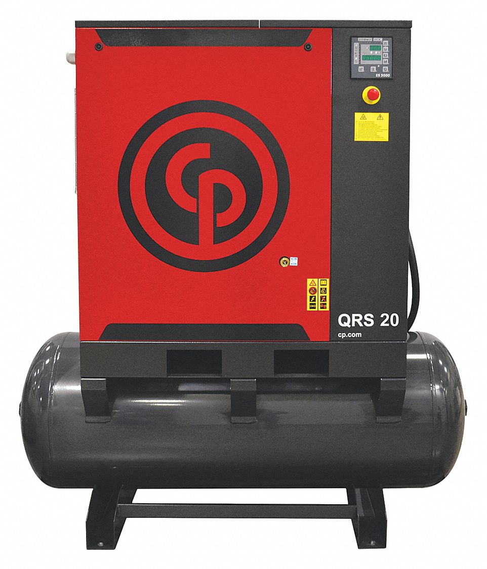 Rotary Screw Air Compressor: Horizontal, 20 hp, 69.3 cfm, 132 gal Tank