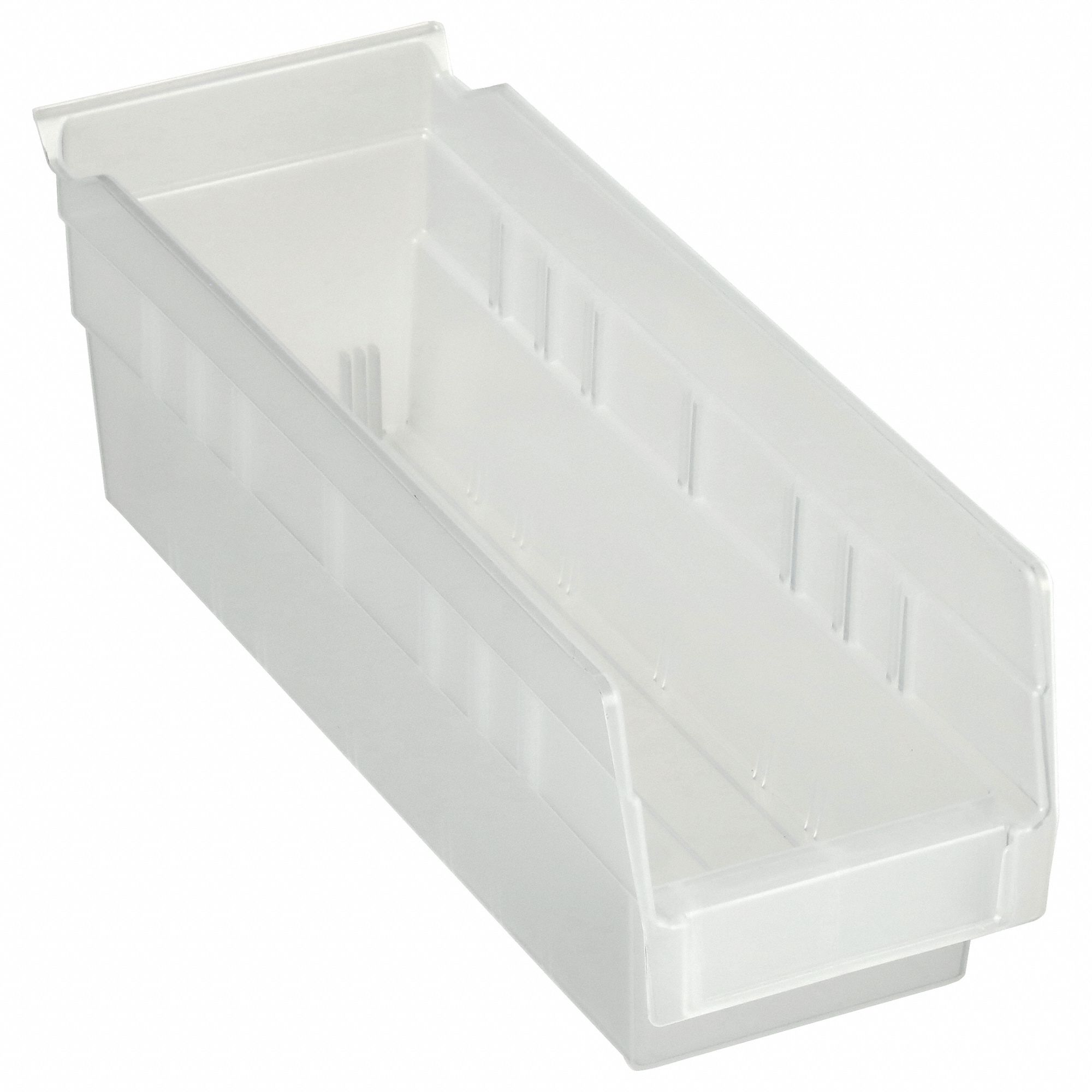 Shelf Bin: 11 5/8 in Overall Lg, 4 1/8 in x 4 in, Clear, Nesting Capable, Not Hangable