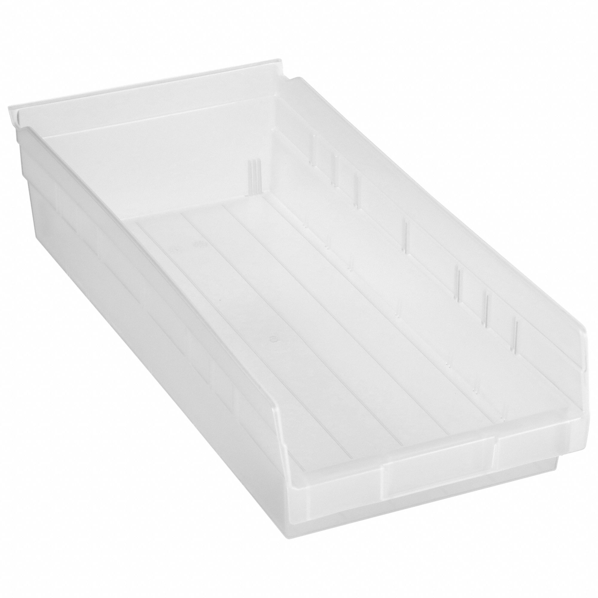 Shelf Bin: 17 7/8 in Overall Lg, 8 3/8 in x 4 in, Clear, Nesting Capable, Not Hangable