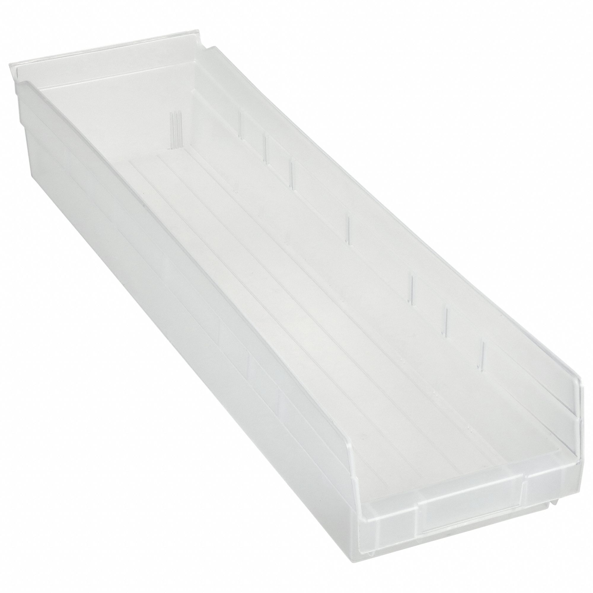 Shelf Bin: 23 5/8 in Overall Lg, 6 5/8 in x 4 in, Clear, Nesting Capable, Not Hangable