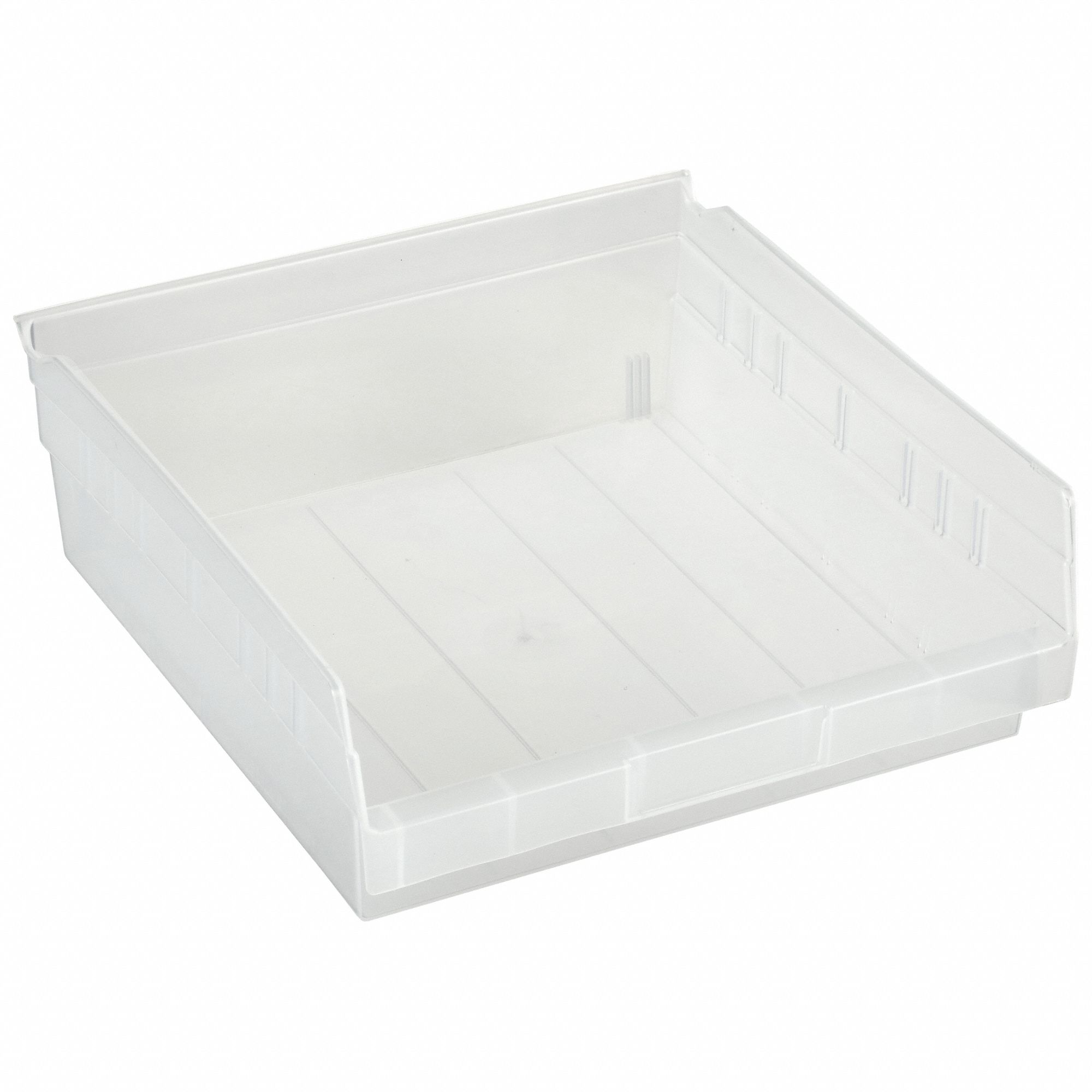 Shelf Bin: 11 5/8 in Overall Lg, 11 1/8 in x 4 in, Clear, Nesting Capable, Not Hangable
