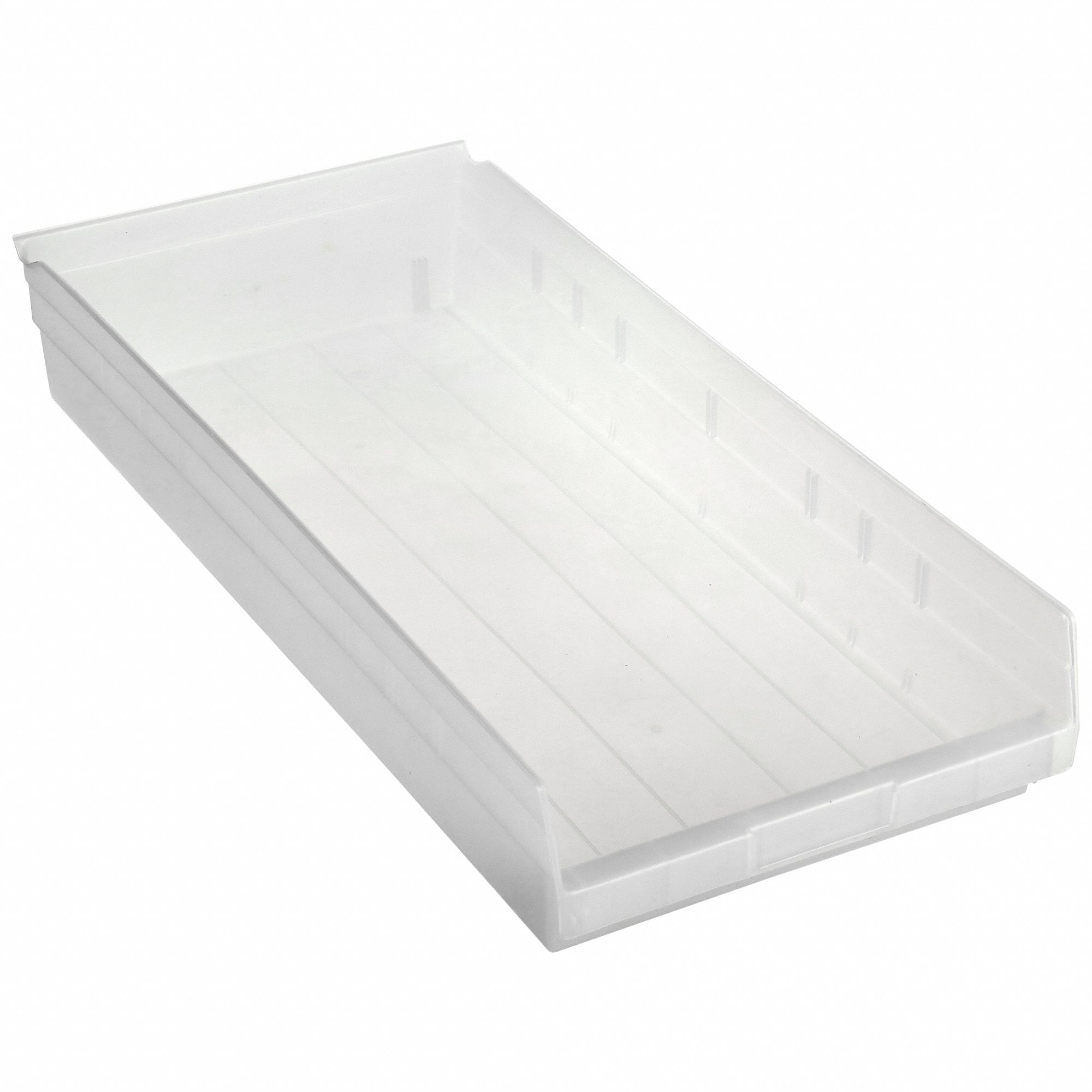 Shelf Bin: 23 5/8 in Overall Lg, 11 1/8 in x 4 in, Clear, Nesting Capable, Not Hangable