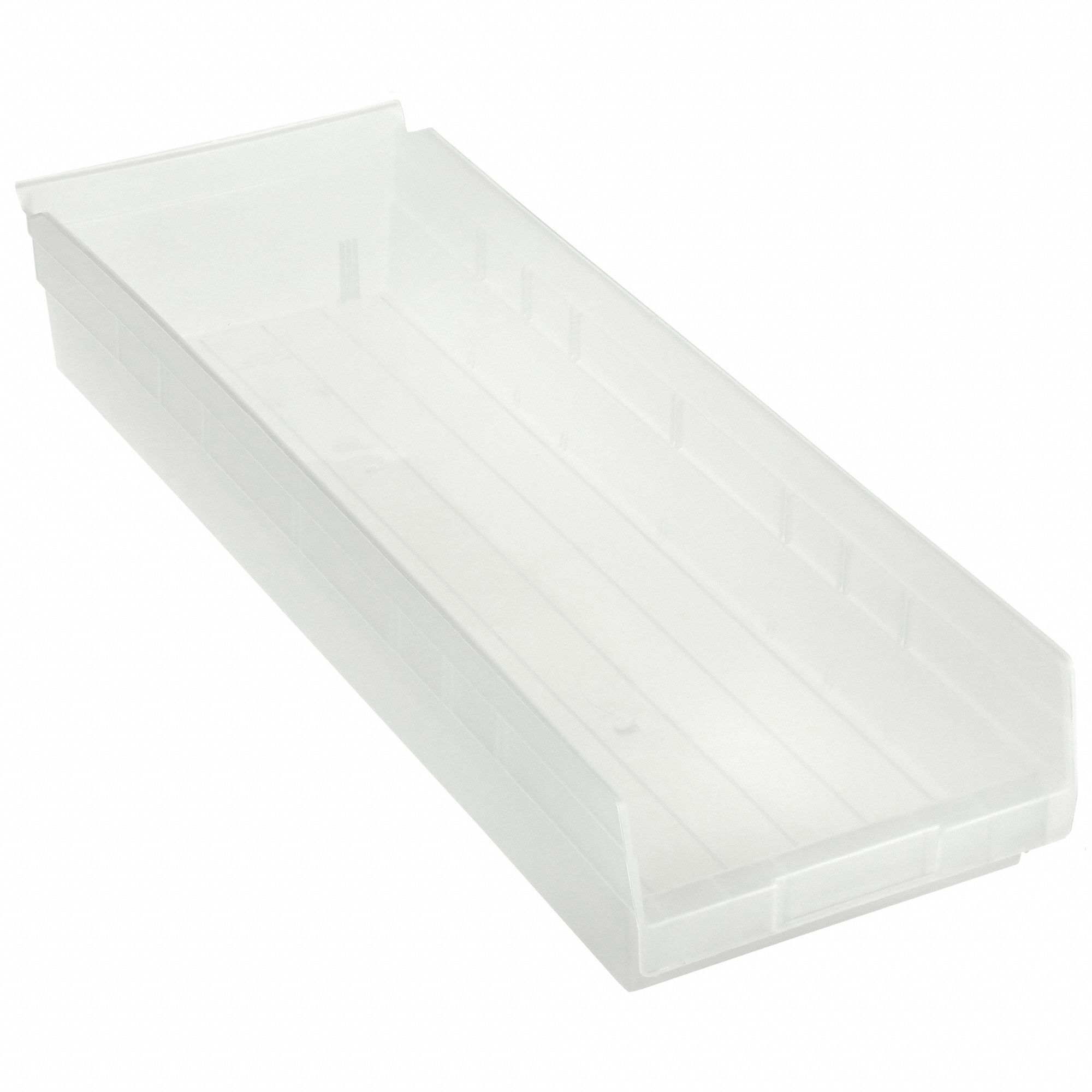 Shelf Bin: 23 5/8 in Overall Lg, 8 3/8 in x 4 in, Clear, Nesting Capable, Not Hangable